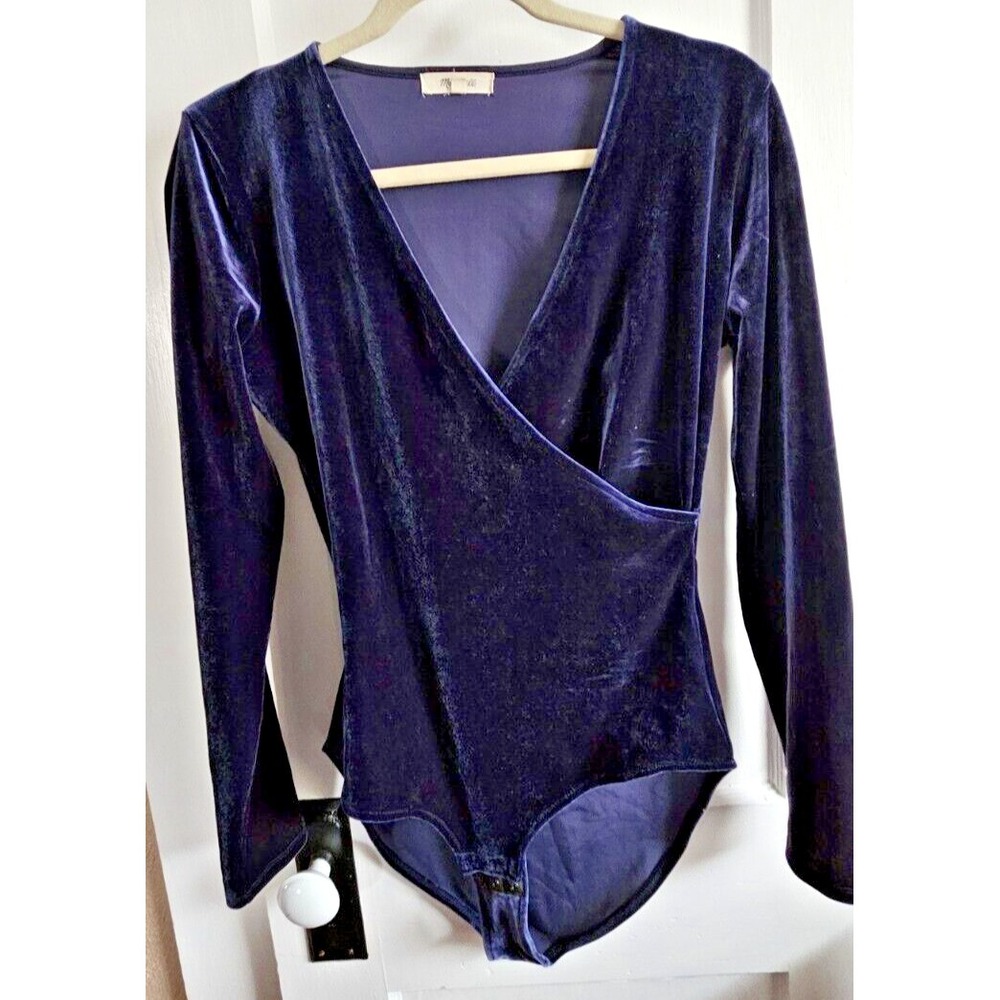 Madewell Faux Wrap Plush Velvet V-Neck Stretchy Bodysuit Navy blue‎ Sz Medium